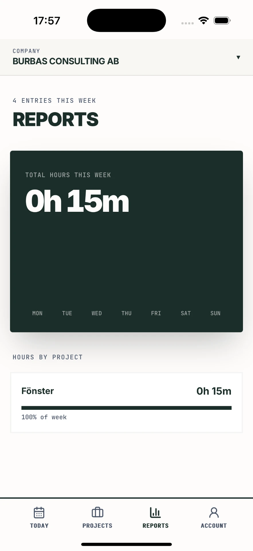 JoineryTrack mobile app showing weekly hours per project