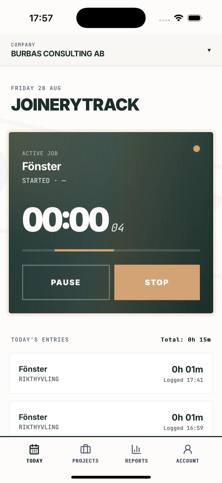 JoineryTrack mobile app running a live timer on an active job