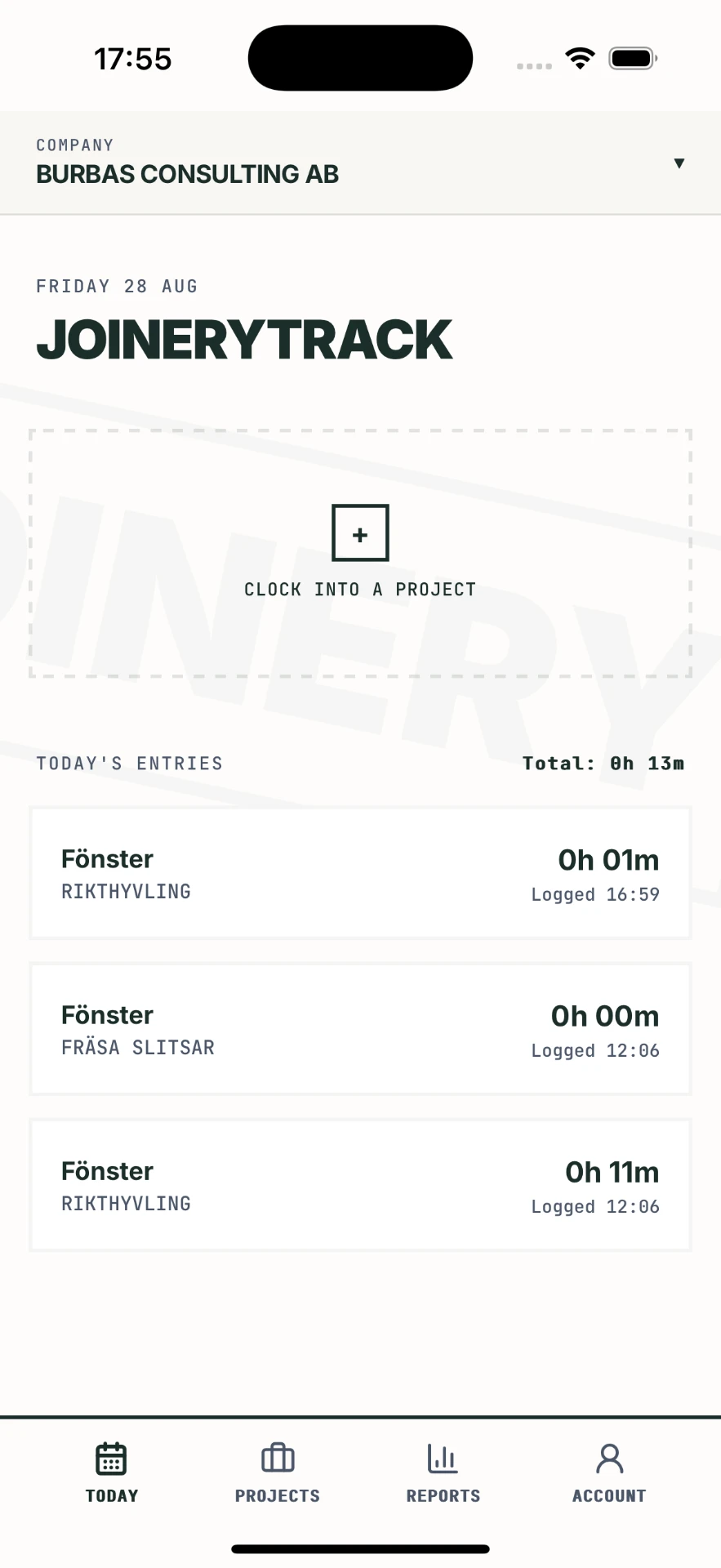 JoineryTrack mobile app showing today's logged time entries