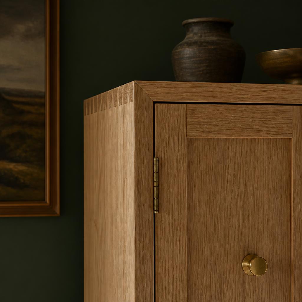 Dovetailed oak cabinet with brass hardware