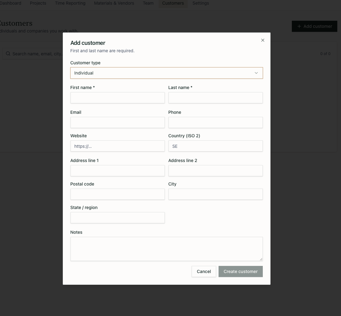 Add customer dialog in JoineryTrack with contact and address fields