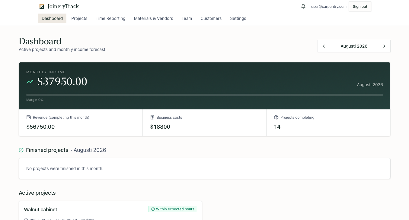 JoineryTrack dashboard showing monthly income, business costs and active projects