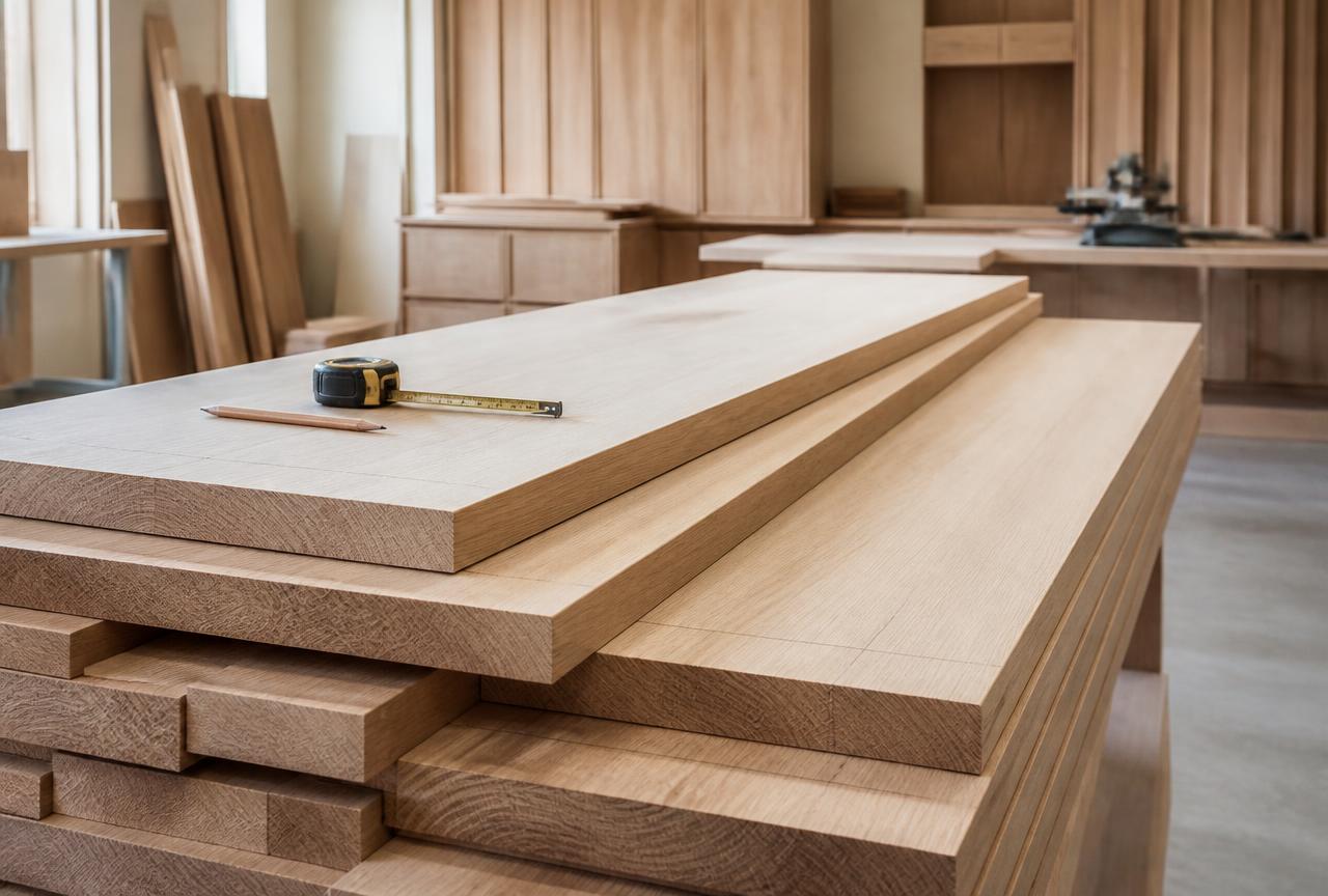 Planed hardwood boards stacked in a cabinet shop